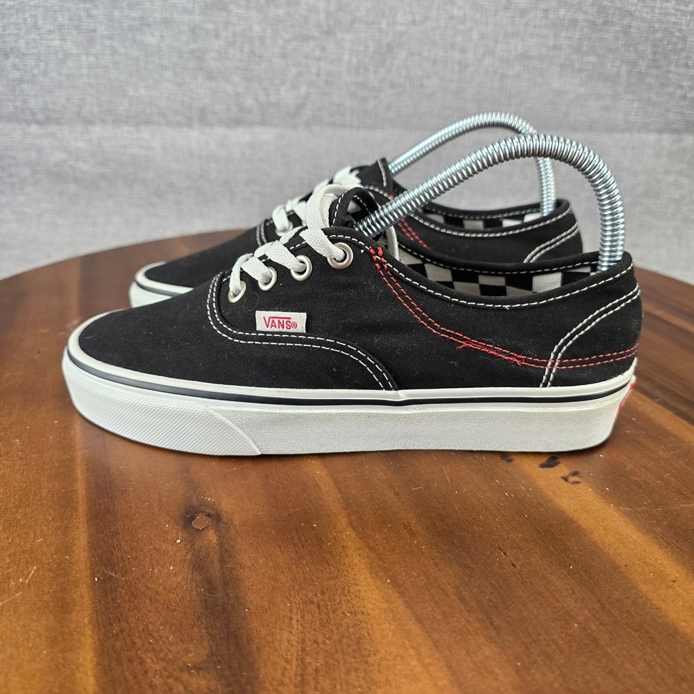 Vans‎ Authentic Black Canvas Low Top Sneakers Red Contrast Stitch Mens 5.5 / W 7 - Picture 2 of 15